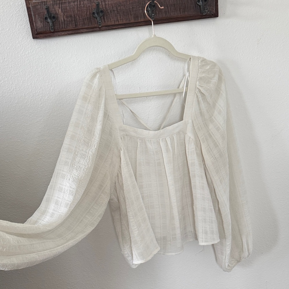 Boho Square-Neck White Textured Gingham Peasant Blouse